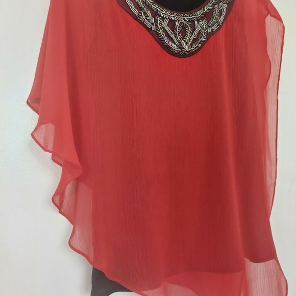 Womens Small Blouse Beaded Red Asymmetric Tiered Tunic Top Sheer Fancy - Picture 2 of 9
